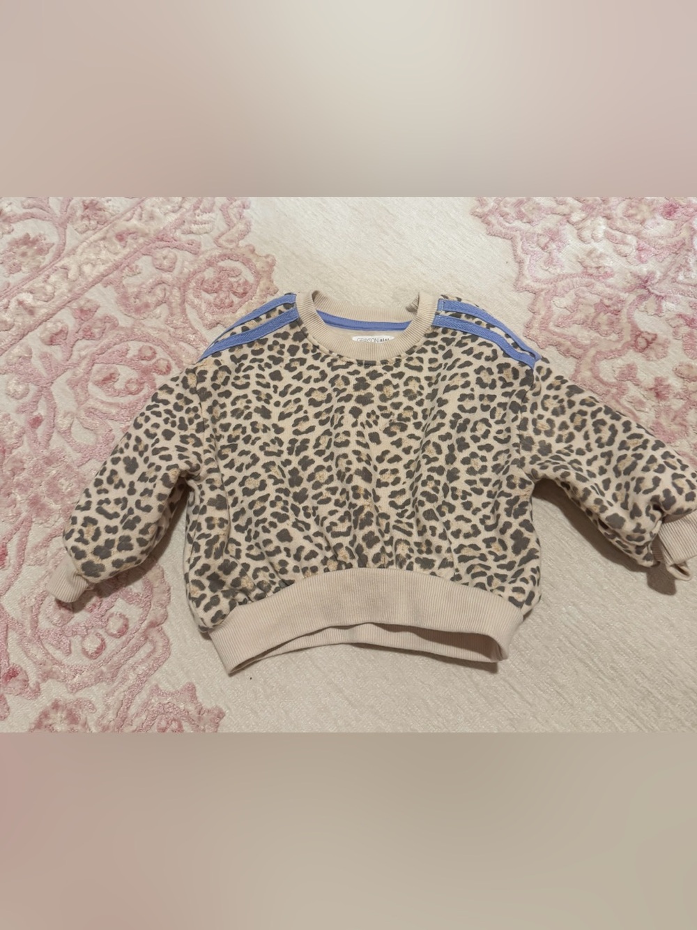 Leopard Print Kids Crewneck Sweatshirt with Blue Shoulder Stripes
